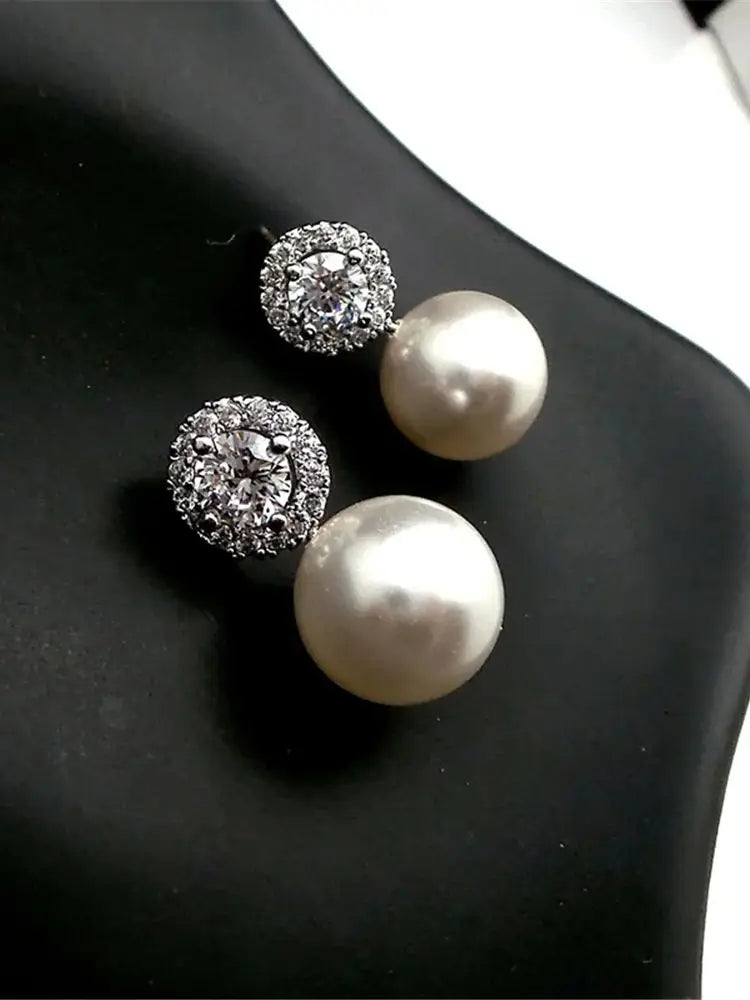 Cute Female Stone White Zircon Pearl Stud Earrings Silver Color Wedding Jewelry For Women
