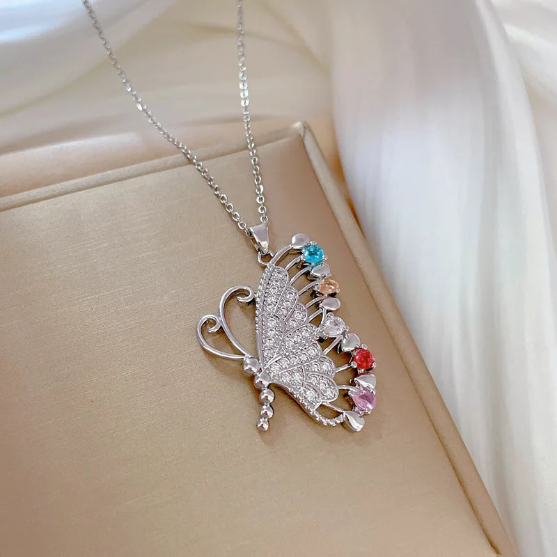 Fashion Design Lucky Butterfly Pendant Female Rhinestone Shining Statement Crystal Charm Choker Necklace for Woman Wedding Gift