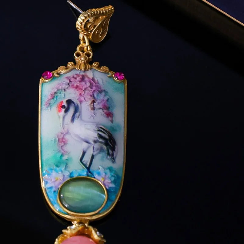 Retro Chinese Style Women Earrings Enamel Painted Cat's Eye Stones Fashion Jewelry Elegant Versatile Aretes De Mujer