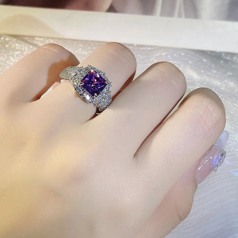 Delicate 925 Silver Color Ring Rectangle Purple Zircon Open Finger Ring Wedding Jewelry Accessories For Women