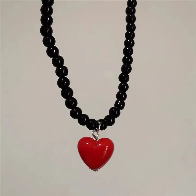 Kpop Resin Candy Color Heart Pendant Glass Beaded Short Choker Collar Neck Necklace Aesthetic Charm Jewelry Y2K Accessories