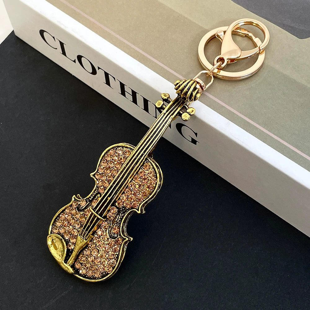 Violin Key Ring Concert Concert Souvenir Gift Women's Luxury Bag Pendant Keychain Rhinestone Crystal Handicraft