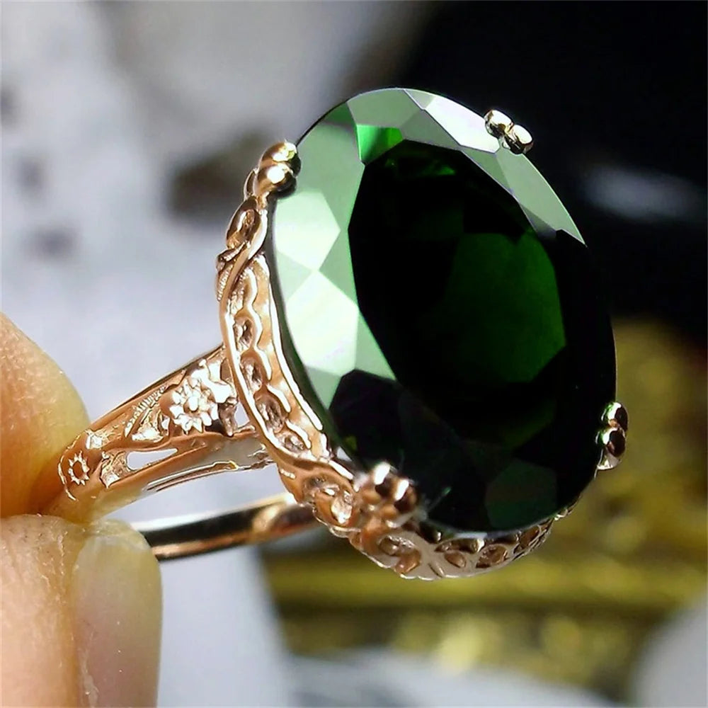 Huitan Rose Gold Color Women Ring Inlaid Shiny Red/Green Oval CZ Luxury Party Accessories Noble Fashion Engagement Chic Jewelry