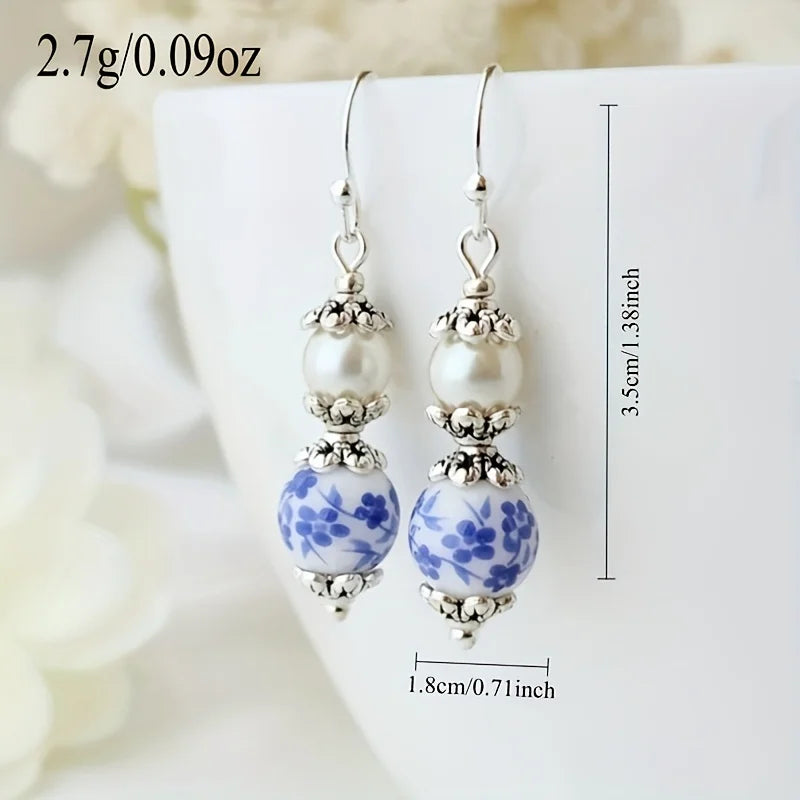 Retro Chinese Style Blue Floral Ceramic & Imitation Pearl Earrings Handmade Silver Plated Drop Earrings for Women Ethnic Jewelry