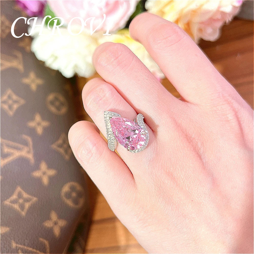 Luxury-Style 925Sterling Silver Drop-shaped Pink Zirconia Fashion Ring Full Diamond-Engraved Elegant Open Design Women's Jewelry