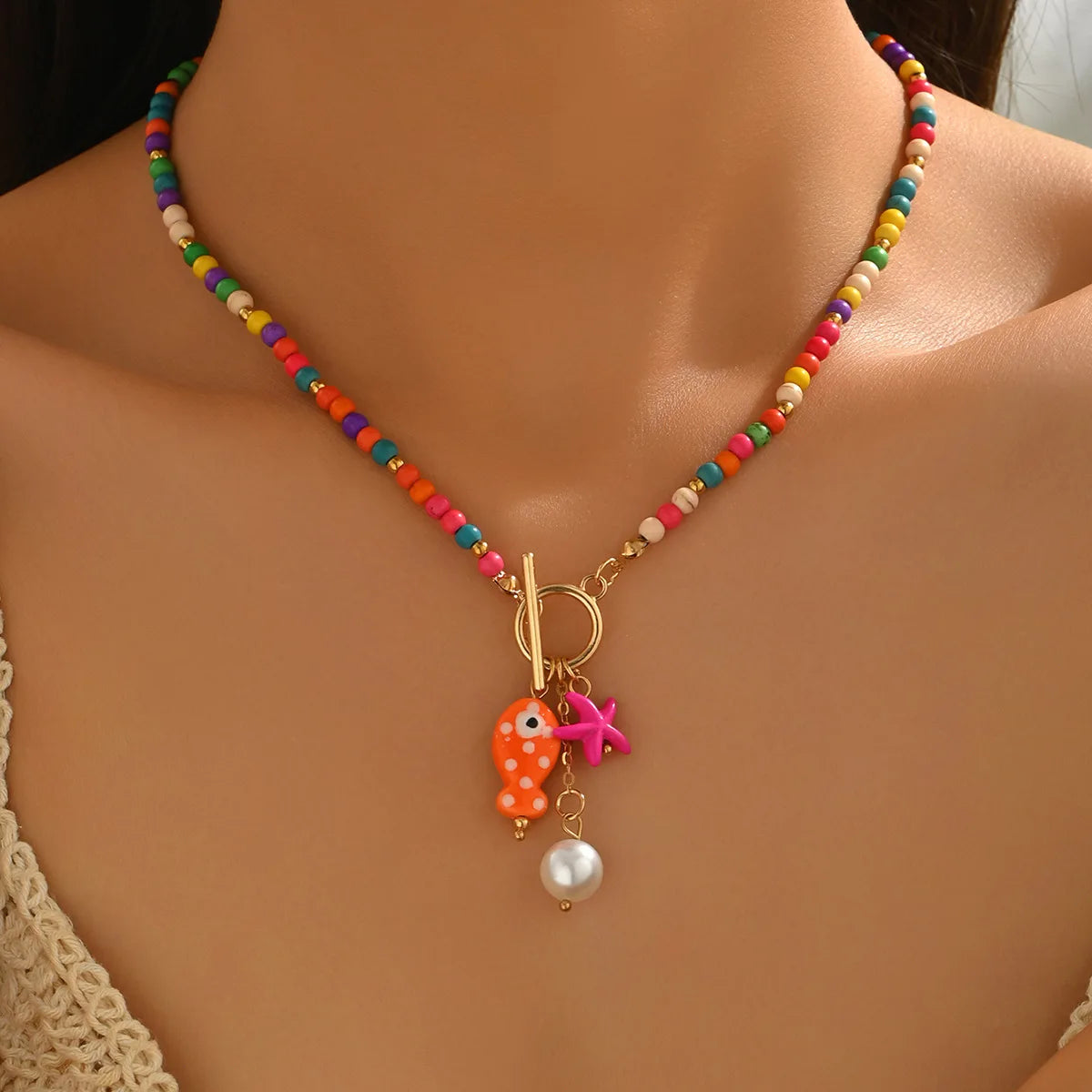 HOT Bohemian Sea-Inspired Ceramic Fish & Starfish Pendant Necklace with 4mm Synthetic Turquoise Beads, Lightweight Beach Jewelry