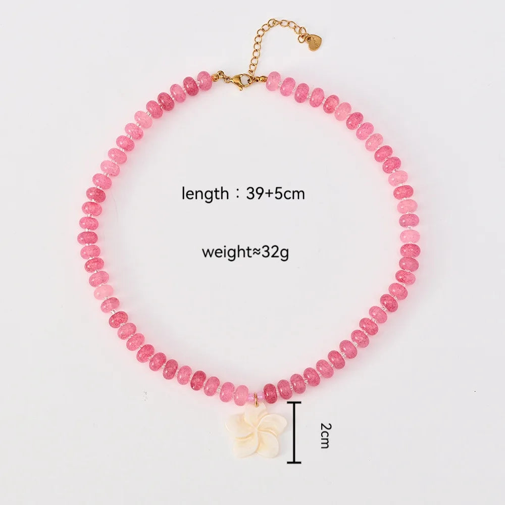 Pink Natural Stone Beads Choker Necklace with Flower Shell Pendant for Women Handmade Beaded Necklace Bohemia Jewelry Gifts