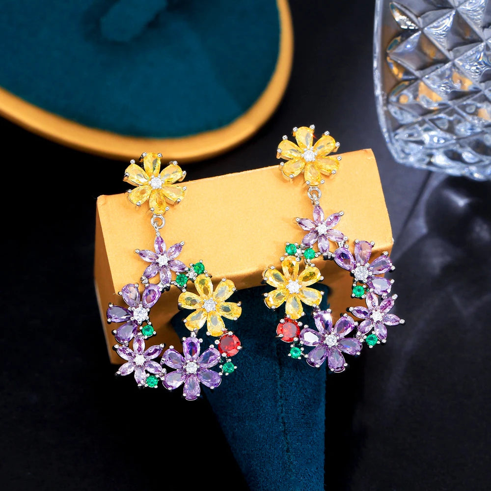 ThreeGraces Pink Yellow Cubic Zirconia Stone Cluster Flower Shaped Long Dangle Earrings for Women Evening Party Jewelry E2112
