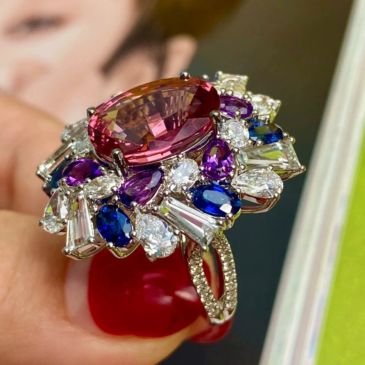 Luxury Women Colorful Gems Ring for Women Brilliant Amethyst Created-Rubellite 925 Sterling Silver Jewelry for Female Wedding