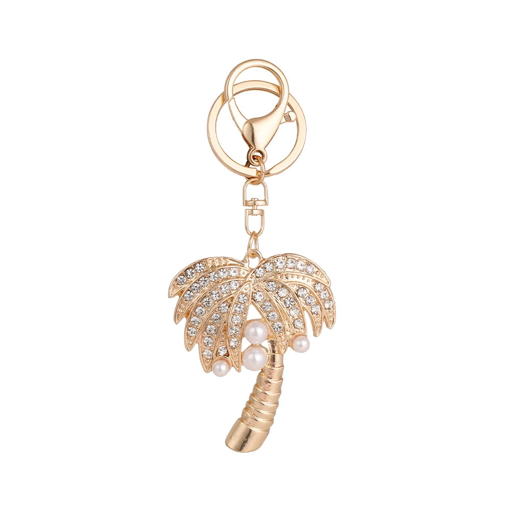 Coconut Tree Crystal Pearl Keychain Golden Color Key Ring Women's Bag Pendant Souvenir Gift Hawaii Beach