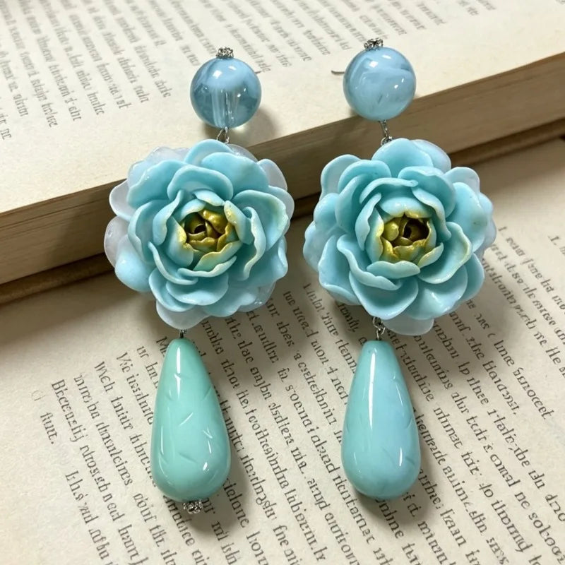 Blue Flowers Earrings for Women Teardrop Vintage Palace Style Sweet Pendientes Mujer Elegant Exquisite Versatile Jewelry