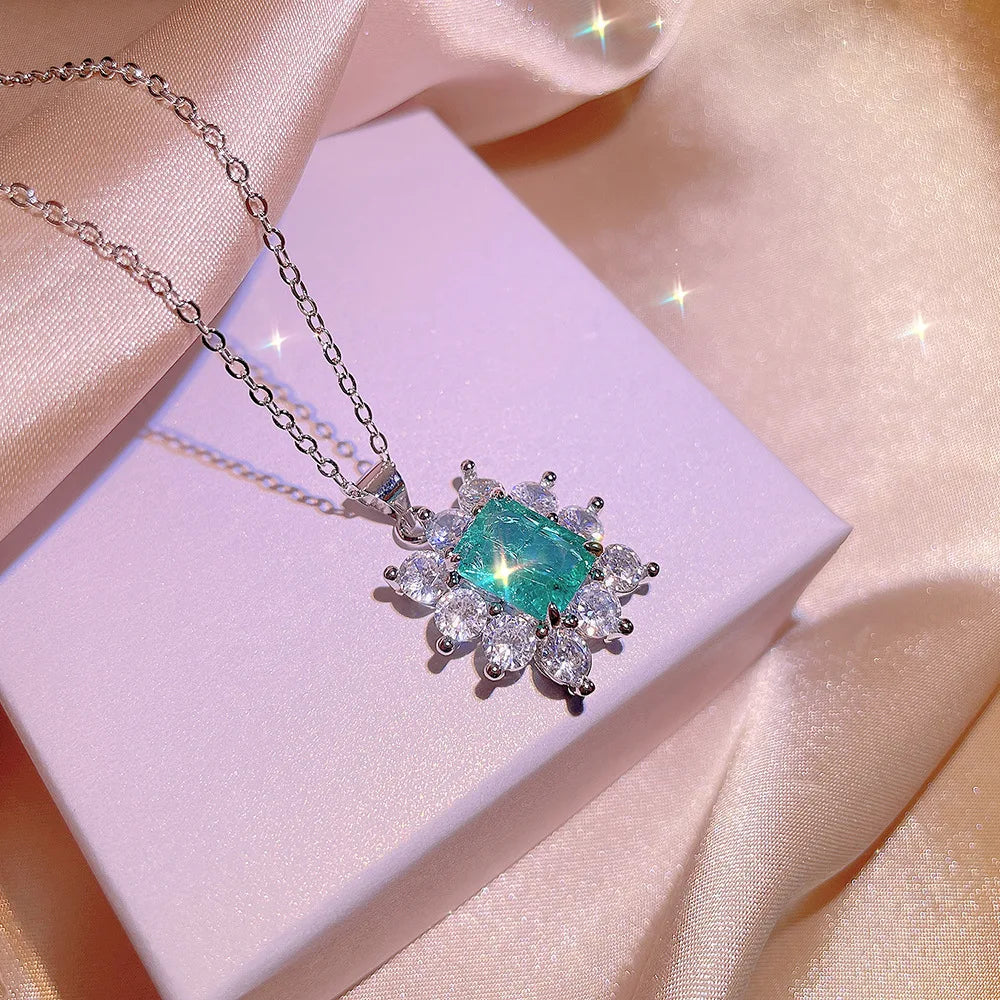 925 Silver Vintage Rectangle Emerald Jewelry Set Halo Starburst Zircon Necklace Earrings Women Party Ornaments