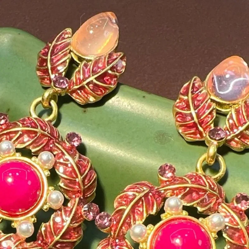 NISHIZAWA Pink Flowers Earrings for Women Enamel Vintage Court Style Jewelry Fashion Exquisite Elegant Pendientes Mujer