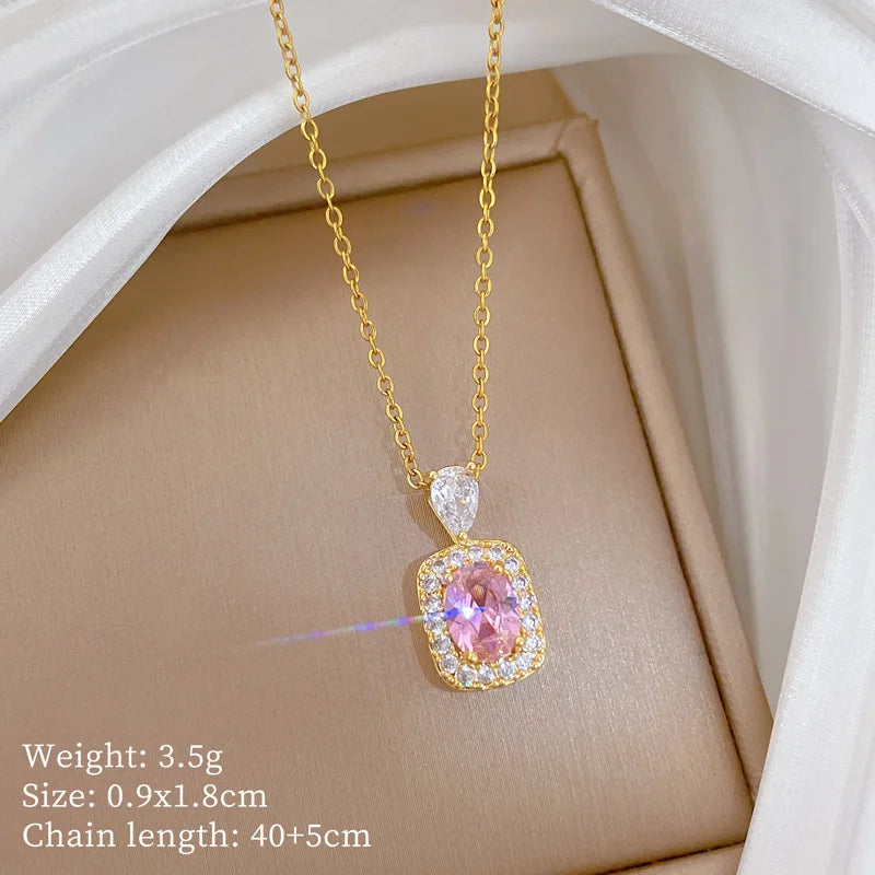 316L Stainless Steel Pink Crystal Pearl Charm Necklace Earrings For Women Girl New Trend Non-fading Jewelry Set Gift