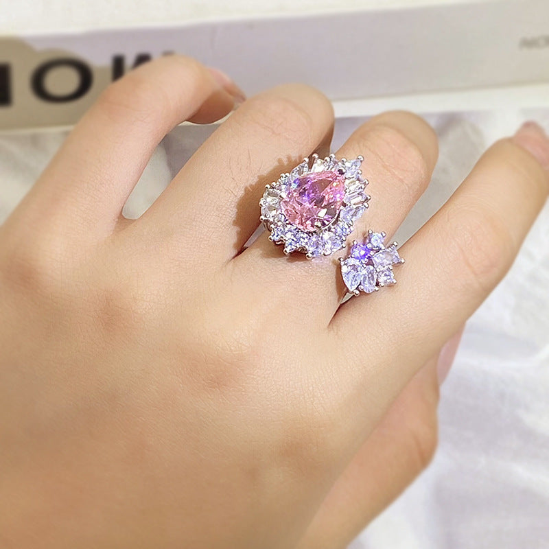 New Asymmetric Pink Zircon Exquisite Drop Ring Female Adjustable Temperament Wedding Party Jewellery Gift With 925 Stamp
