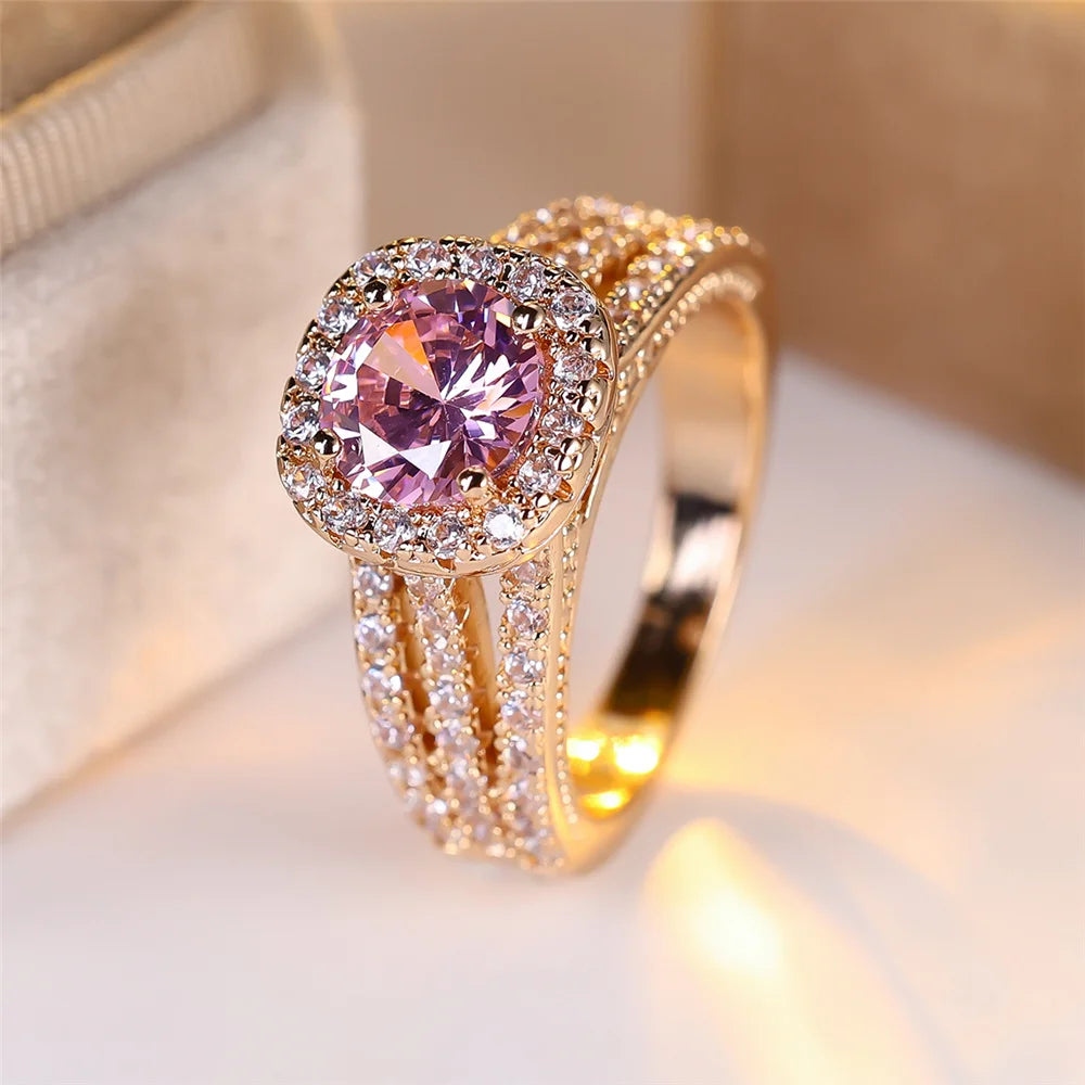 Luxury Female Yellow Gold Color White Pink Zircon Stone Wedding Jewelry Promise Love Engagement Rings For Women