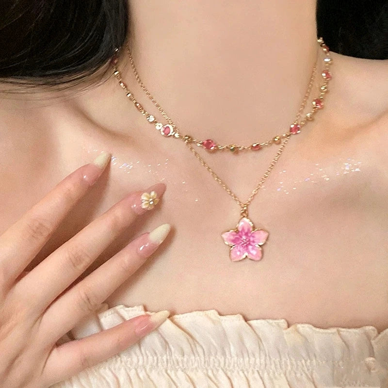 2Pcs/Set Pink Flower Pendant Crystal Gold Color Chain Stacking Choker Clavicle Chains Necklace Sets For Women Charm Neck Jewelry