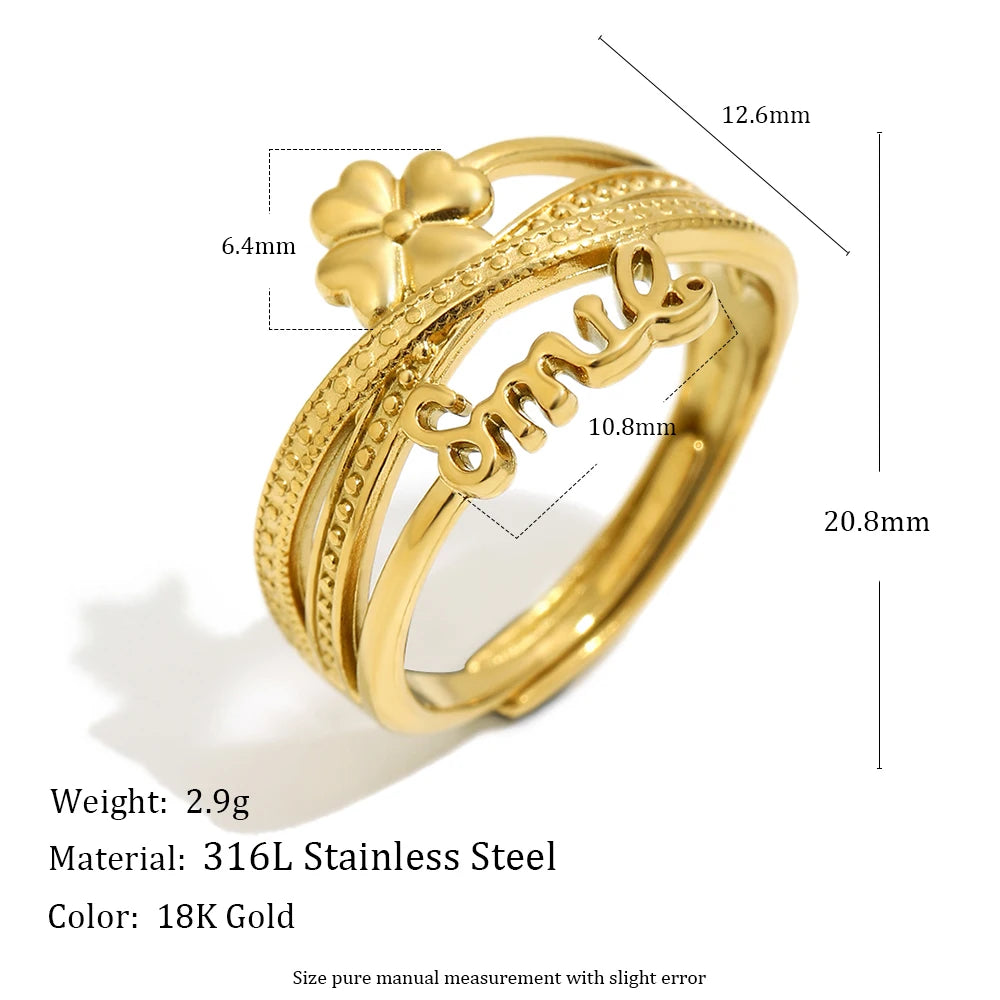 E.B.belle Stainless Steel Open Series Heart Flower Ring Gold Artistic And Sweet Design Women's Jewelry Accessories For Gift