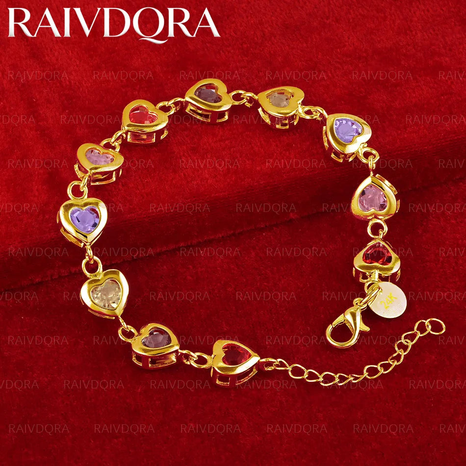 18K Gold Plated Color Zircon Heart Chain Bracelet For Women Fashion Jewelry Exquisite Party Accessories Holiday Gifts
