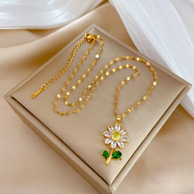 316L Stainless Steel Luxury Zircon Flower Pendant Necklace For Women Girl New Trend Clavicle Chain Jewelry Lady Gift