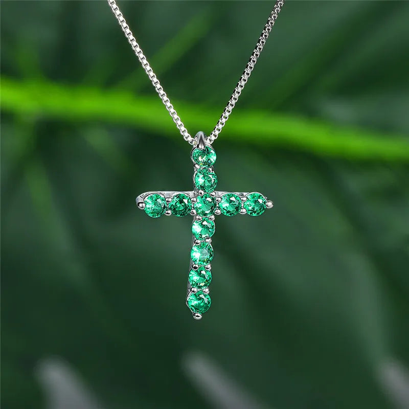 Luxury Female Crystal Blue Purple Pendant Necklace Charm Silver Color Chain Zircon Stone Wedding Jewelry For Women