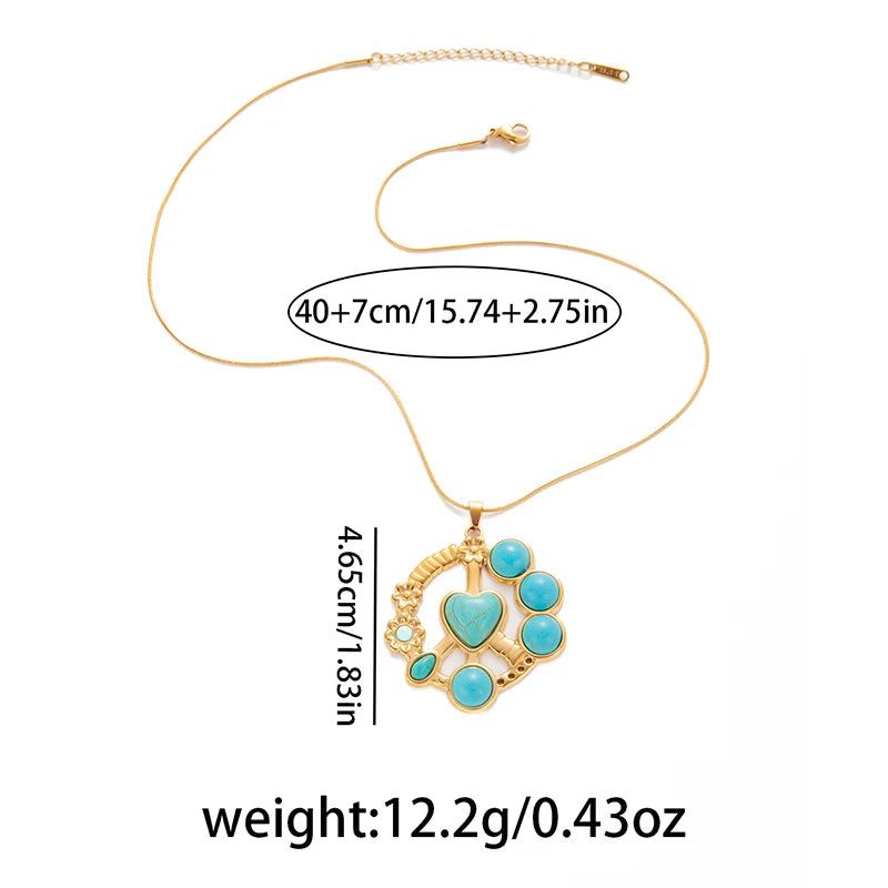 ANENJERY 316L Stainless Steel Turquoise Irregular Geometry Pendant Necklace For Women Boho Retro Personality Jewelry Gifts