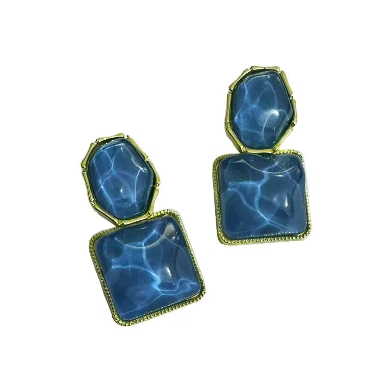 Fashion Asymmetric Blue Square Drop Earrings For Women Rhinestone Water Ripple Charms Pendant Earrings Designed Jewelry Gifts