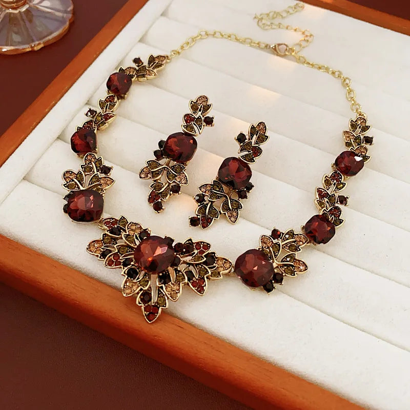 Unique Design Square Leaf Earrings Choker Nacklace for Women Light High-end Red Rhinestone Jewelry Sets Anniversary Gift H