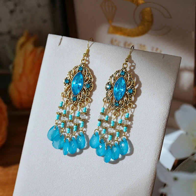 New Bohemian Ethnic Colorful Water Drop Tassel Earrings for Women Long Hollow Antique Gold Color Dangle Earring Pendientes Mujer