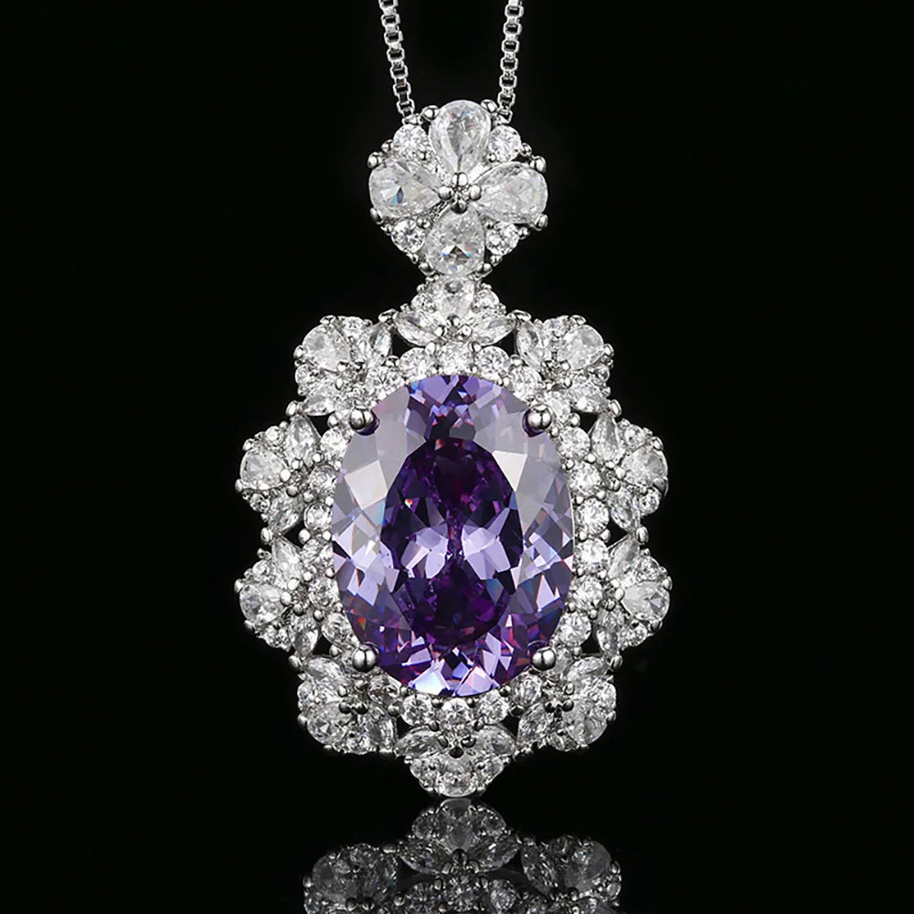 New Vintage 12*16mm Amethyst Pink Quartz Pendant Necklace Rings for Women Gemstone Lab Diamond Party Jewelry Sets Birthday Gift