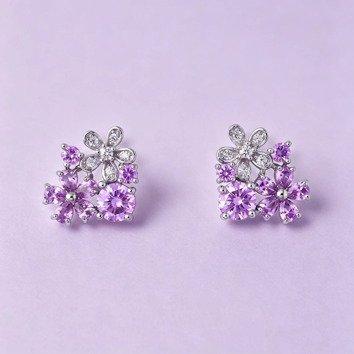 Cute Small Simple Flower Charm Female Purple Zircon New Trendy Stud Earrings Silver Color Wedding Jewelry For Grace Luxury Women