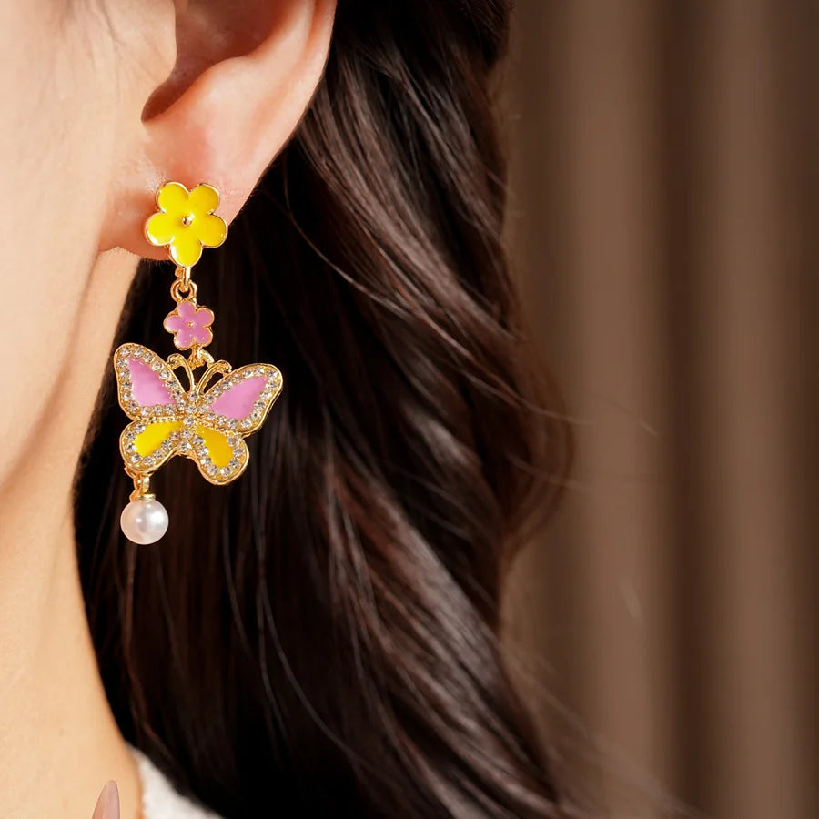 Pink Yellow Butterfly Flower Jewelry Set Sweet Enamel Necklace Drop Earrings Women's Fashion Party Banquet Accessories K