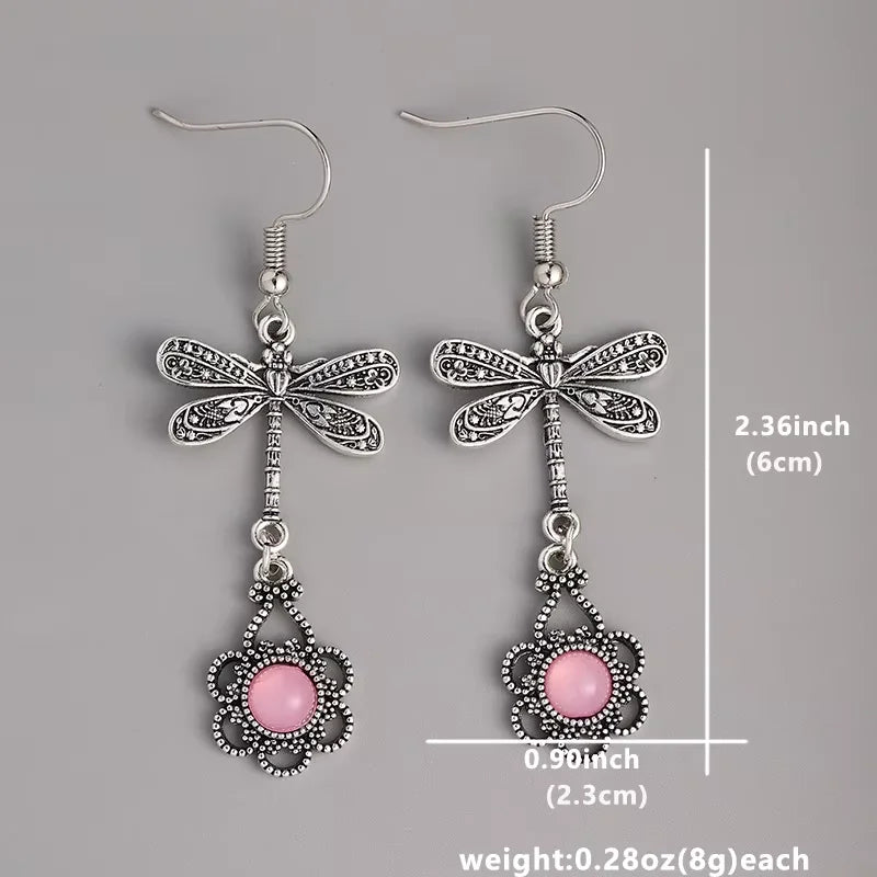 Vintage Retro Bohemian Geometric Pink Stone Dragonfly Drop Earrings for Women Fashionable Boho Ethnic Style Flower Party Jewelry