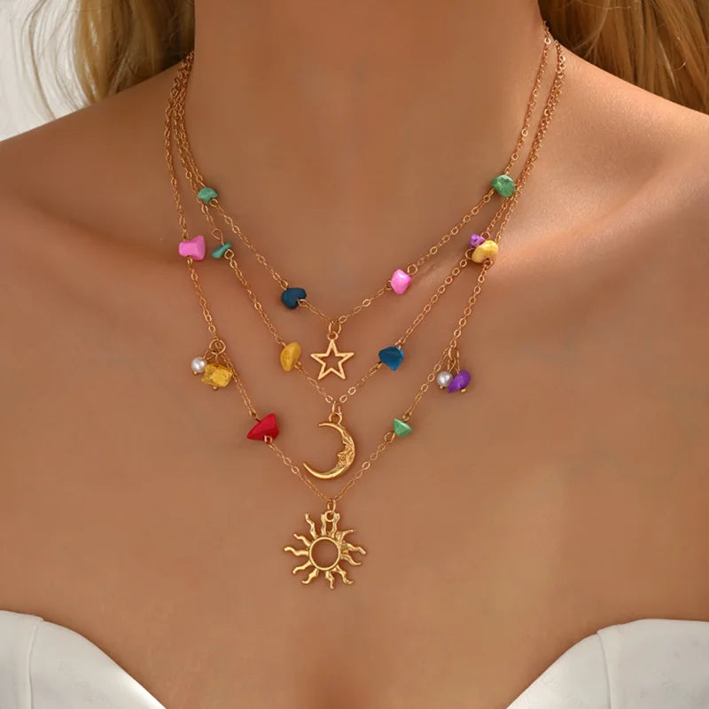 Bohemian Long Multilayer Heart Necklace for Women Colorful Candy Like Hearts with Golden Accents
