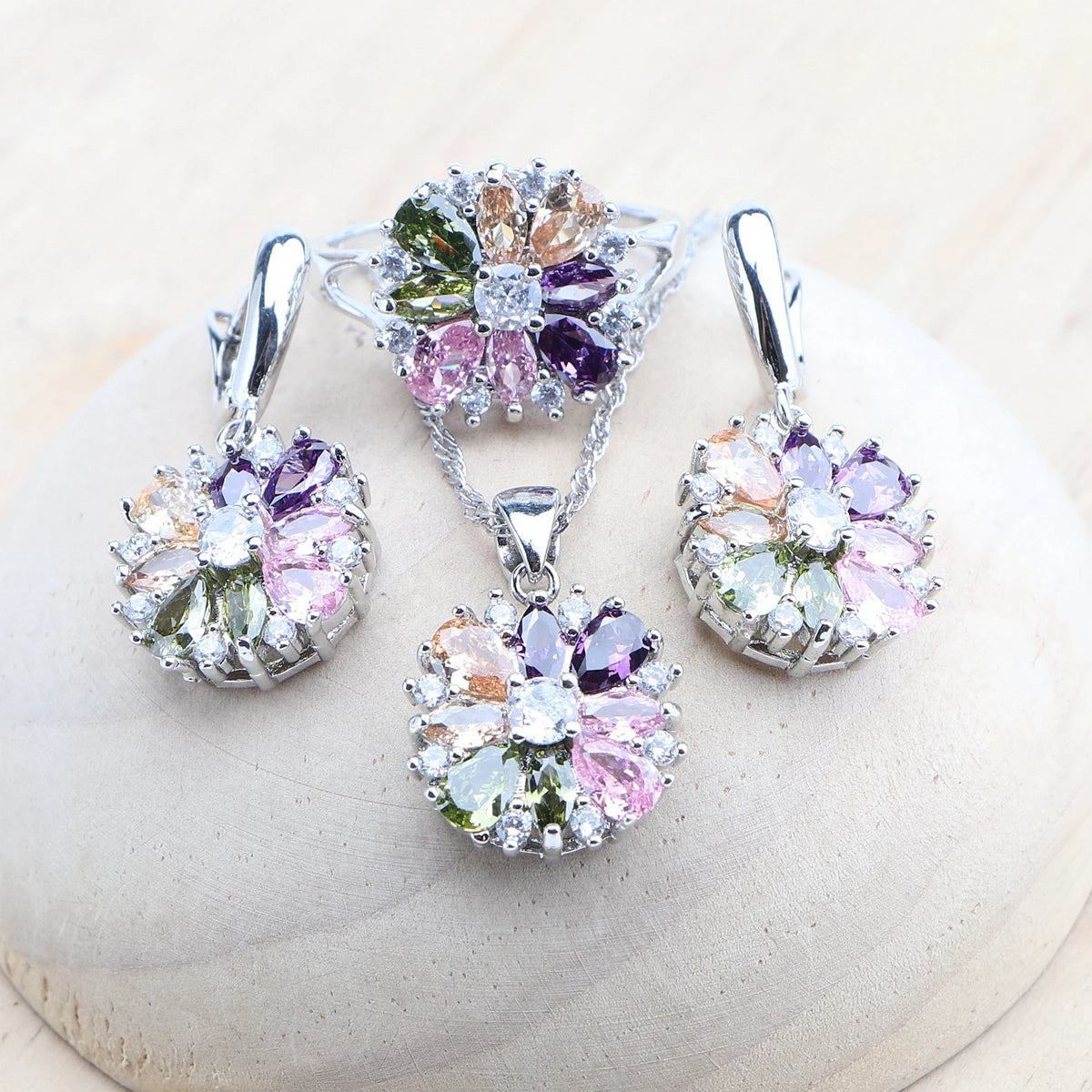 Bridal Jewelry Sets Silver 925 Flower Colorful Zircon Bracelets Earrings Rings Pendant Wedding Necklace Set Jewelry For Women