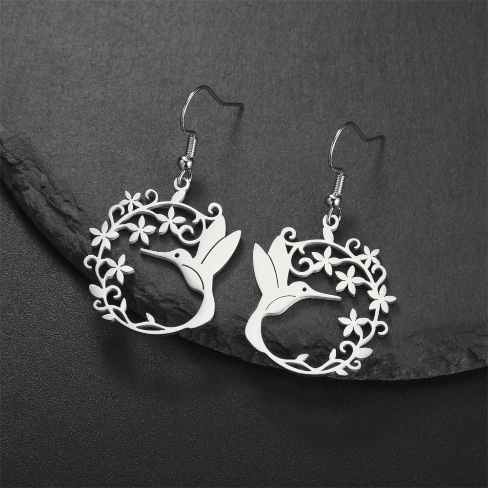 My Shape Hummingbird Earrings for Women Stainless Steel Flowers Birds Dangle Earrings Filigree Boho Fashion Jewelry Gifts