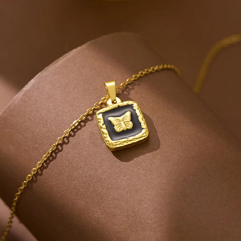 ANENJERY 316L Stainless Steel Butterfly Square Card Pendant Necklace For Women Simple Clavicle chain Elegant Jewelry Gifts