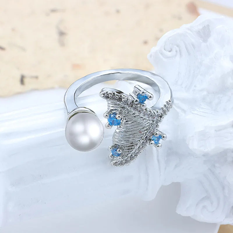Creative Asymmetrical Whale Pearl Sapphire Round Ladies Ring 925 Silver Fashion Ladies Jewelry Wedding Party Gift