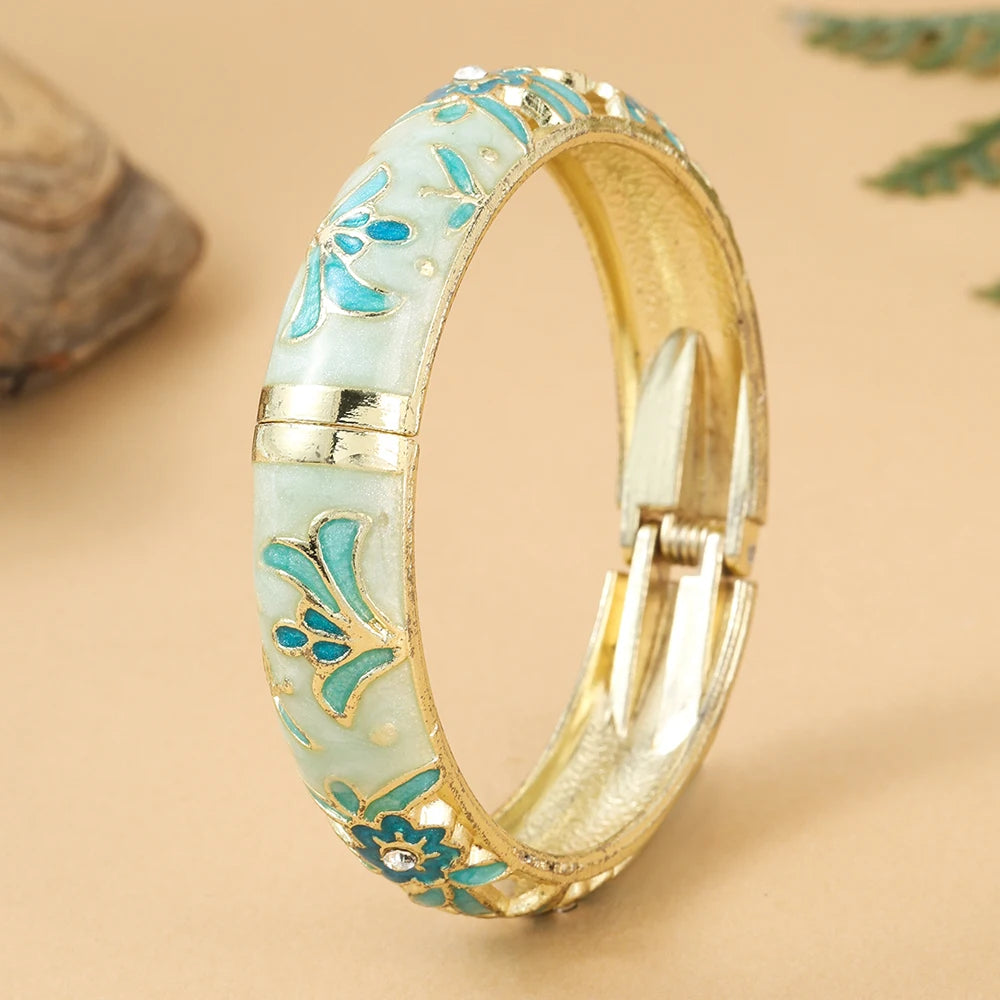Jardme 1PCS Wide Hollow Enamel Bracelet For Women Vintage Indian Chinese Luxurious Cloisonne Bangles Women's Daily Jewelry