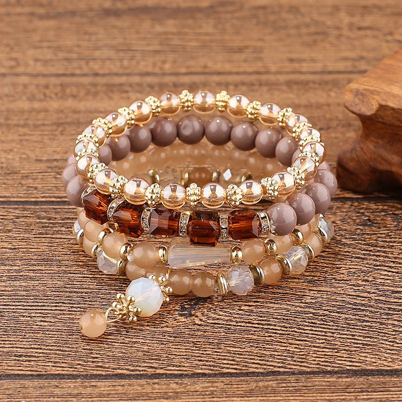 4Pcs Bohemian Bracelet Sets for Women Stackable Glass Acrylic Beads Chain Stretch Bracelets Boho Dainty Jewelry Best Friend Gif