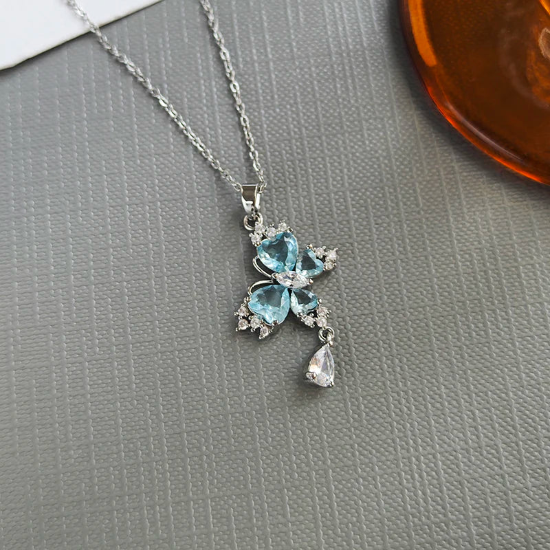 ANENJERY 316L Stainless Steel Blue Zircon Butterfly Necklace For Women Girls Glamorous Delicate Jewelry Gifts Wholesale Party