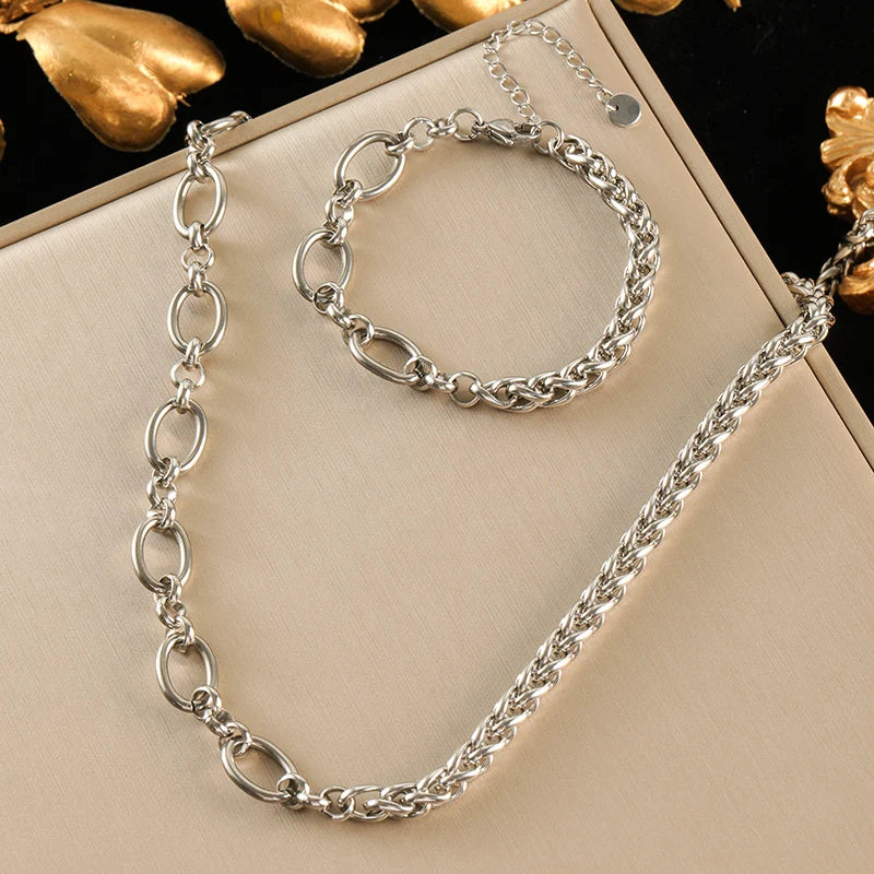 EILIECK 316L Stainless Steel Gold Color Asymmetric Chain Necklace Bracelet Set For Women Fashion Waterproof Jewelry Lady Gift
