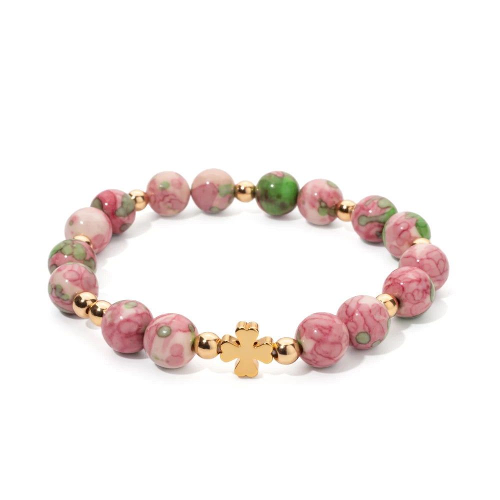 New 8MM Natural Stone Girl Bracelets Colorful Round Beads Alloy Gold Color Cross Women Bangle Fashion Jewelry Accessories 2024