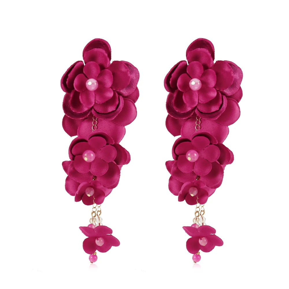 Badu Bohemia Fabric Flower Dangle Long Earrings for Women Luxury Design Wedding Party Elegant Jewelry 2024