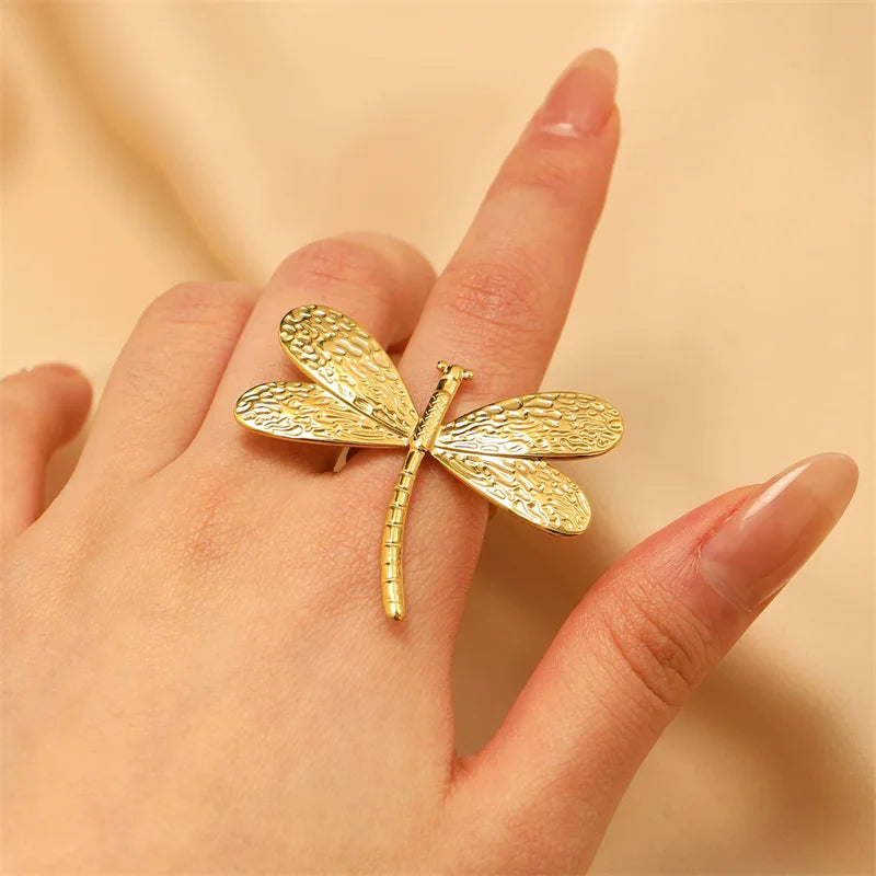 EILIECK 316L Stainless Steel New Design Dragonfly Ring Jewelry Women 18 K Plated Metal Texture Gold Color Ring Accessories