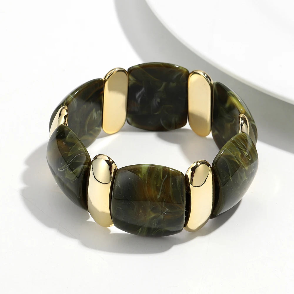 Elegant Acrylic Marble Geometric Petal Curved Beads Elastic Bracelets Trendy CCB Bead Chunky Bangles Bracelet Women Accessories