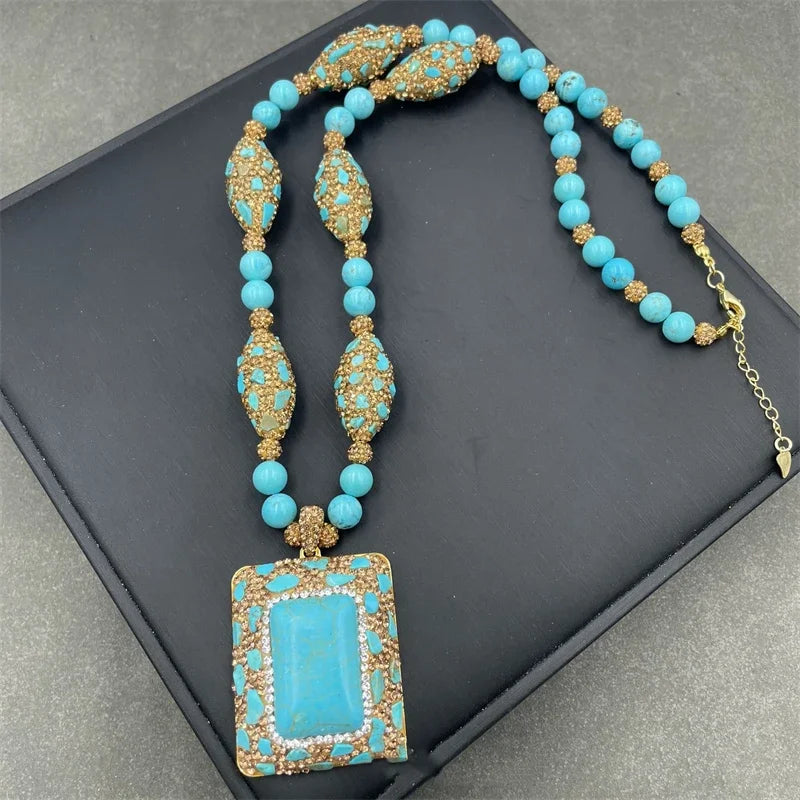 Turkish Natural Blue Turquoise Jewelry Women Gemstone Rhinestone Crystal Necklace Ring Earring Set Party Wedding Dress Acces