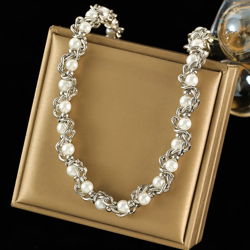 EILIECK 316L Stainless Steel Pearl Chain Necklace Bracelet Set For Women Fashion Waterproof Silver Color Jewelry Set Gift Party