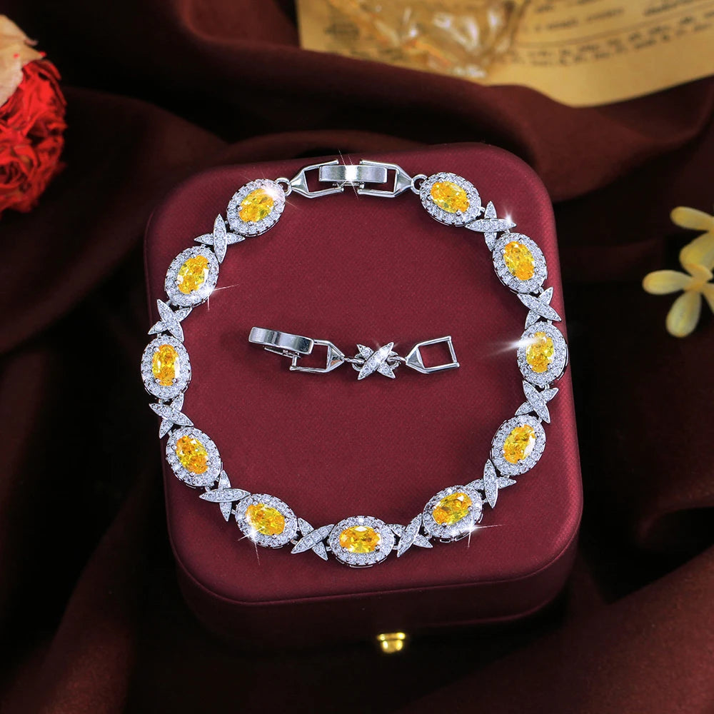 ThreeGraces Vintage Sparkling Yellow Zirconia Bridal Wedding Party Geometric Oval Shape Tennis Bracelet for Women Jewelry B612