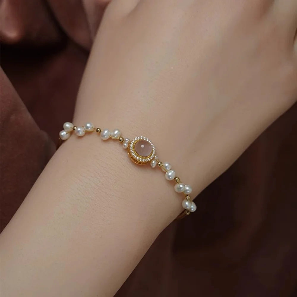 Charm Female Small Mermaid White Pearl Pink Zircon Bracelet Cute Gold Color Adjustable Wedding Jewelry For Women